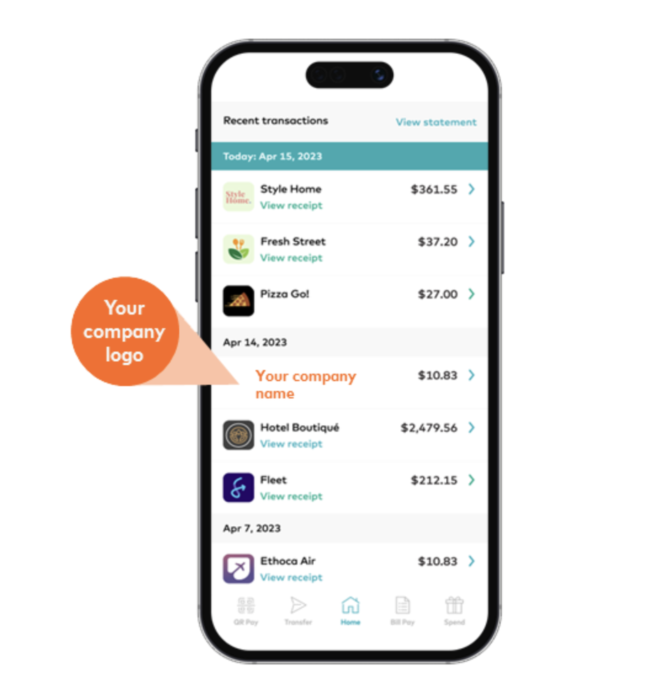 A banking app's recent transactions list where most entries carry a merchant logo and a readable business name, with one unbranded entry called out by a marker reading “your company logo” and “your company name”.